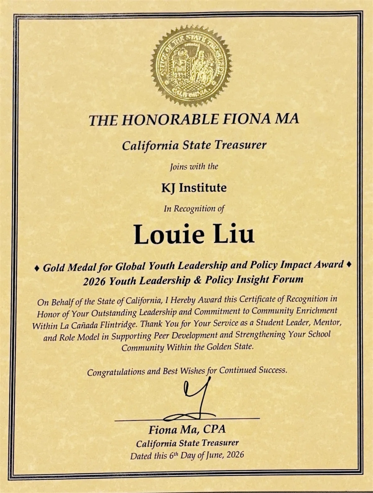 Gold Medal for Global Youth Leadership and Policy Impact awarded to Louie Liu