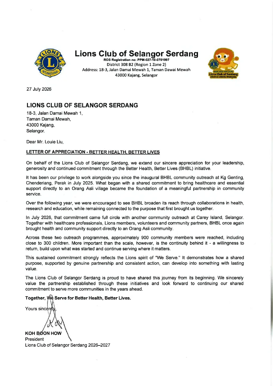 Lions Club of Selangor Serdang Letter of Appreciation for Better Health, Better Lives